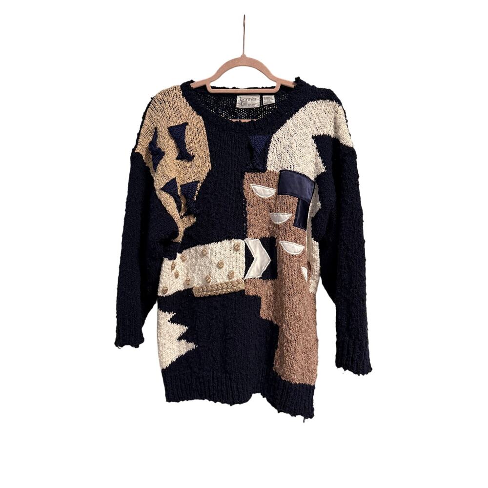 [Vintage] Navy Blue Abstract 3D Textured 3/4 Sleeve Sweater - Size M